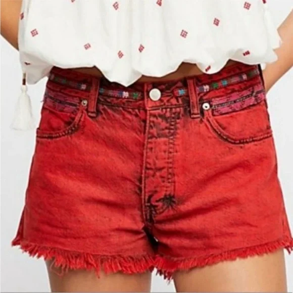Free People Sun Break Red Denim Shorts 24 - Picture 2 of 14
